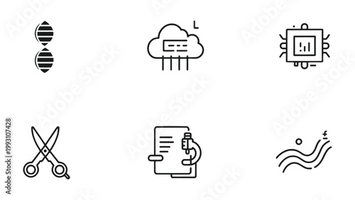Conceptual Icons of Innovation: Six illustrative icons representing core concepts of technology, science, and creativity. The image invites exploration of data, analysis, and inventive processes.