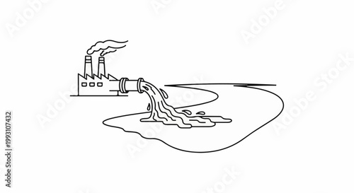 Factory pipe discharging waste into a body of water with smoke from stacks