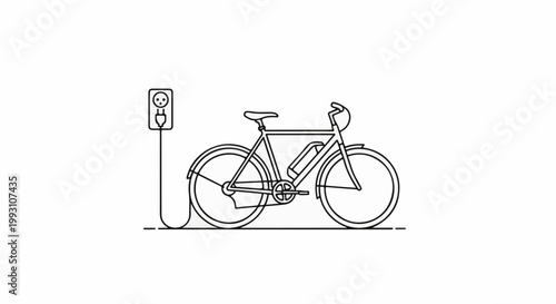 Electric bicycle charging at a power outlet with a plug