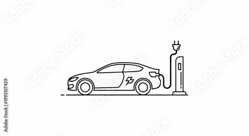 Line art of a sleek electric car plugged into a charging station