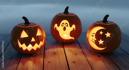 Spooky carved pumpkins glow on dark wooden surface creating a festive autumn Halloween mood for digital marketing lifestyle design