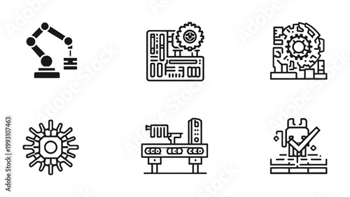 Automation and Technology: A collection of meticulously crafted, minimalist icons, illustrating key elements of automation, robotics, and technological innovation.