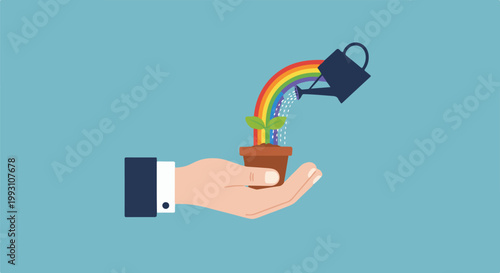 Hand nurturing a plant with rainbow water from a watering can