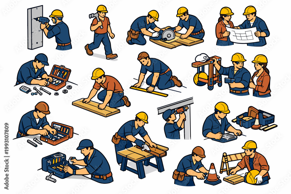 Fototapeta premium Construction Workers Doing Various Tasks
