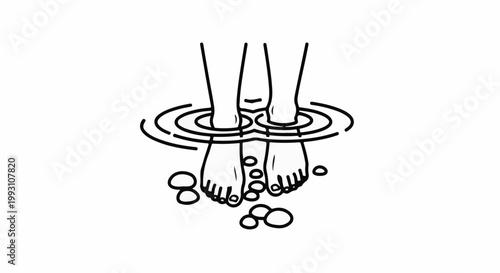 Feet submerged in water with ripples, surrounded by smooth stones