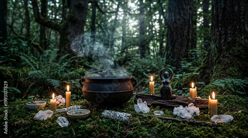 Magical Wiccan altar with a steaming iron cauldron surrounded by lit candles and crystals in a mossy woodland clearing