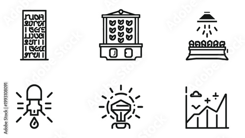 Sustainable Farming Icon Set: A comprehensive collection of clean, modern line icons illustrating the essentials of sustainable agriculture and innovative farming techniques.