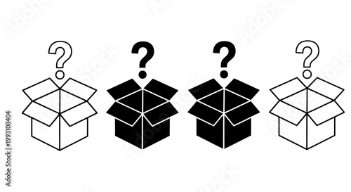 Series of open gift boxes with question marks representing mystery and curiosity.
