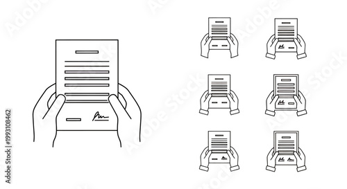 Document Handling and Printing Devices: Hands Holding Paper Next to Multiple Printers Illustration.