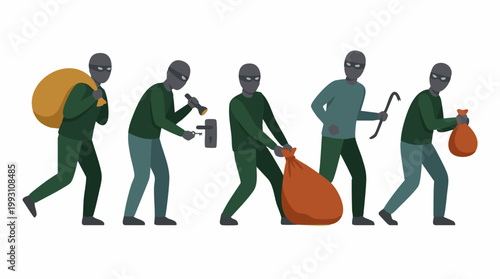 Group of masked burglars with crowbar, flashlight, key, and sacks of loot