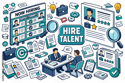 Engineering Types Outline Icons. Engineering disciplines editorial banner with geometric characters beside an oversized gear and large blueprint across the