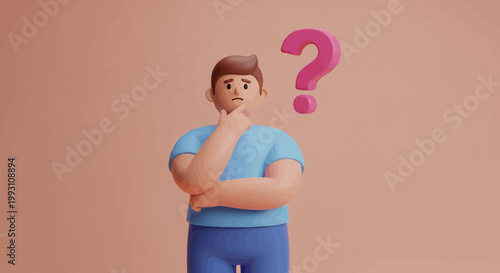 Cartoon Man in Thoughtful Pose with Question Mark on Peach Background.