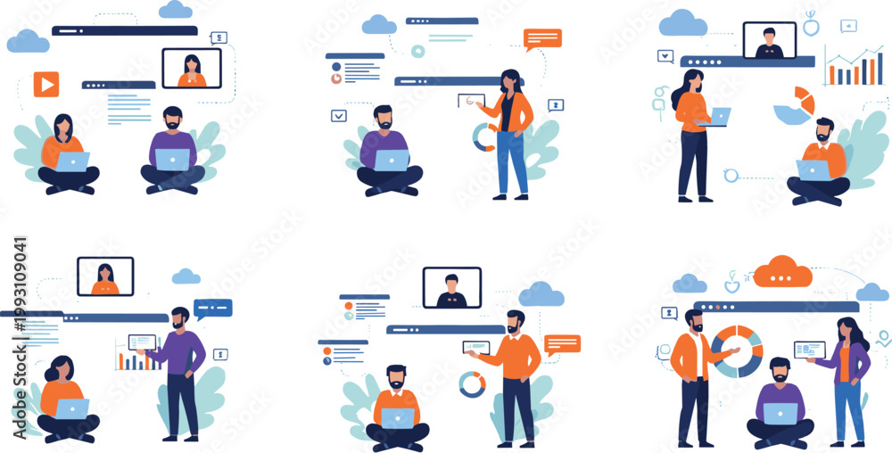 Fototapeta premium Remote work and online communication vector set with video calls, cloud collaboration, digital workflow and team interaction illustration