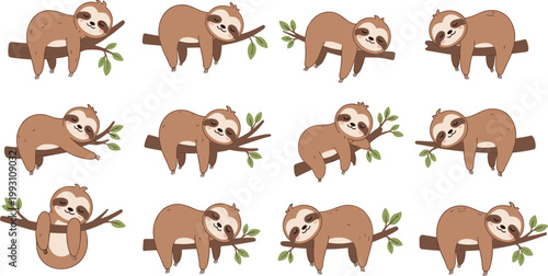 Cute Sloth Icon Set Featuring Lazy Sloths Hanging on Branches with Leaves for Animal, Wildlife, and Nature Designs
