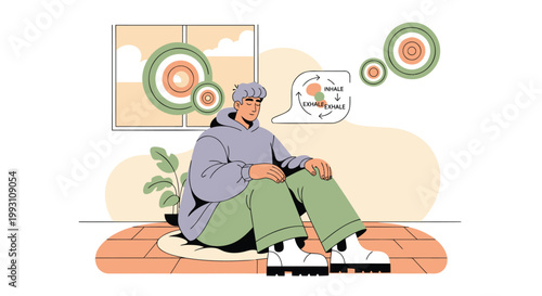 relaxed man sitting, thinking, illustration, vector, modern design, gray, green, orange