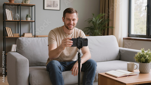 smiling male influencer recording video content in cozy home office, young professional creator speaking to camera at desk with laptop, happy man freelancer or vlogger working in bright creative works