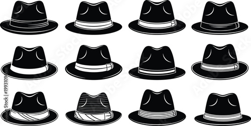 Set of classic fedora hat icons featuring various ribbon designs and black felt styles for vintage gentleman fashion graphic design and apparel marketing projects
