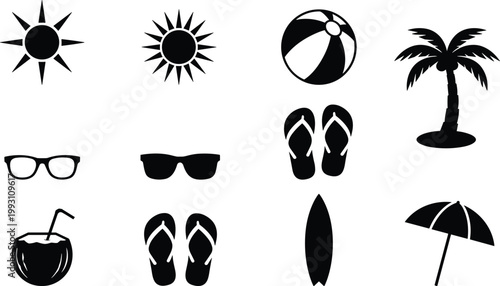 Summer beach holiday vector icon set featuring black silhouettes of palm trees sun sunglasses flip flops beach ball surfboards and tropical coconut drinks for travel vacation 