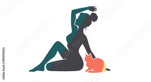 Woman Sitting with Cat Silhouette.
