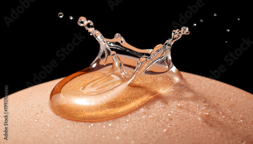 Macro shot of golden moisturizing serum splashing on human skin surface for luxury cosmetic advertisement