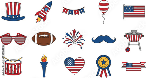 American Independence Day Icon Set Featuring Fireworks, BBQ, Flag, Football, and Patriotic Symbols for Fourth of July and Celebration Designs