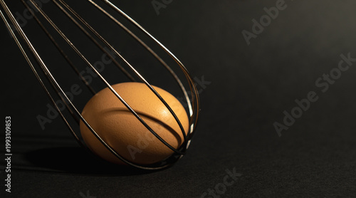 Принти на полотні A whisk sits next to a brown egg on a dark surface
