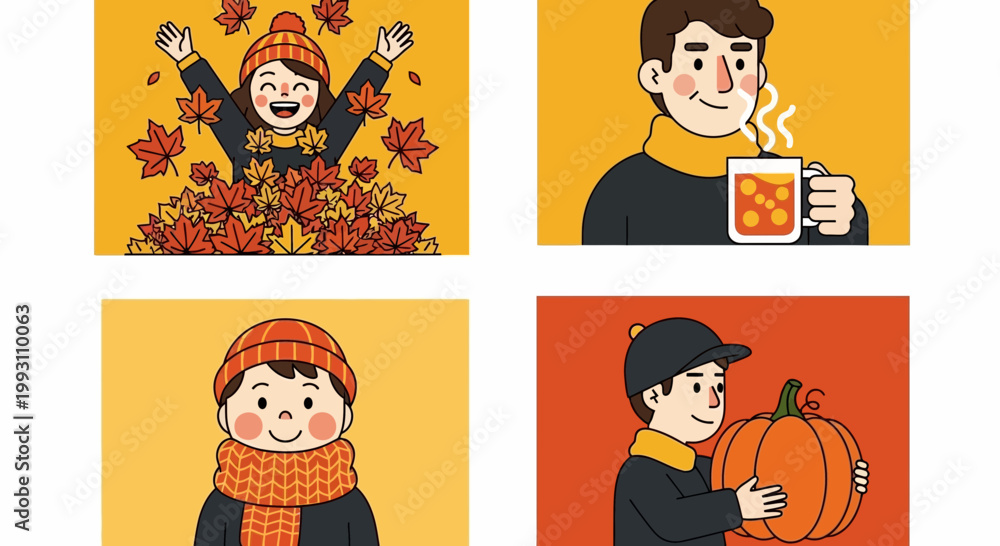 Fototapeta premium Flat design vector illustration of happy people enjoying autumn season with warm drinks and harvest celebration lifestyle concept