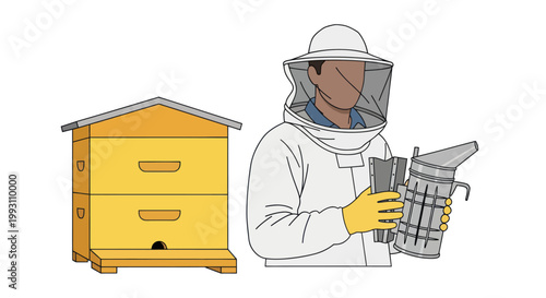 Beekeeper in protective white suit.