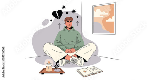 Sad man, sitting alone, mental health, depression, anxiety, vector illustration