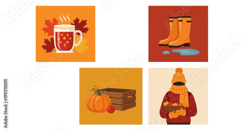Flat design vector illustration of cozy autumn harvest season featuring warm drinks boots and pumpkins in a festive lifestyle setting