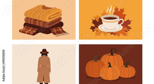 Flat design vector illustration of cozy autumn season lifestyle featuring warm blanket and pumpkin harvest elements