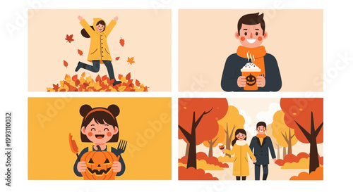 Flat design vector illustration of happy people enjoying autumn season lifestyle activities in colorful fall foliage environment with warm sunlight