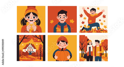 Flat design vector illustration of happy children enjoying autumn season outdoor lifestyle activities with warm sunlight in a colorful fall environment