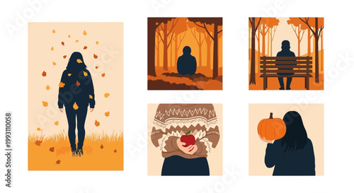Flat design vector illustration of people enjoying autumn season outdoors with warm sunlight creating a cozy lifestyle mood