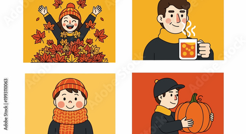 Flat design vector illustration of happy people enjoying autumn season with warm drinks and harvest celebration lifestyle concept