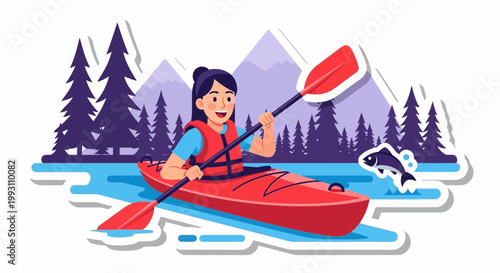 Outdoor lifestyle activity of person kayaking on water near mountains under bright sunlight for digital marketing concept