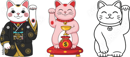 Maneki Neko (Lucky Cat) Icon Set Featuring Traditional, Wealth, and Waving Poses for Good Luck, Fortune, and Asian Culture Designs