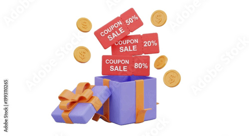 Vector illustration of gift box with coupons and coins on a transparent background