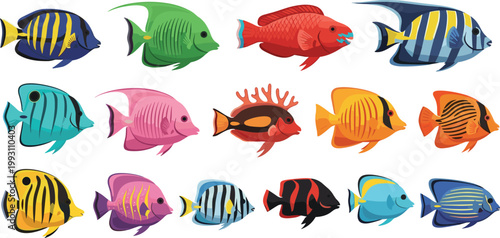 Colorful Fish Icon Set Featuring Tropical, Ocean, and Saltwater Species for Marine, Aquarium, and Nature Designs