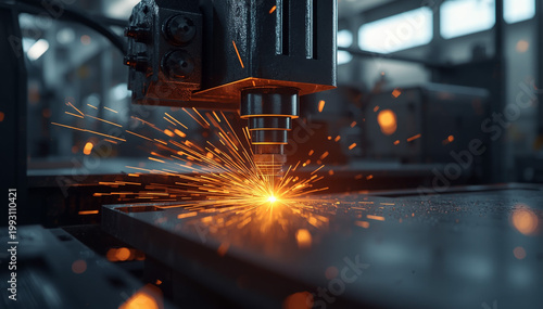 Industrial CNC laser cutter slicing through steel plate in a modern factory with glowing orange sparks and high precision technology