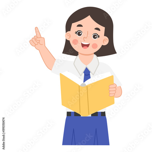 Student Holding Book and Pointing Up