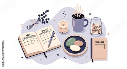 Flat lay, morning routine, self-care, vector illustration, coffee, journal, healthy breakfast