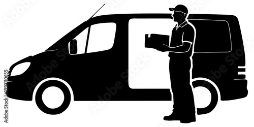 silhouette of a delivery man holding a package box standing in front of a delivery van