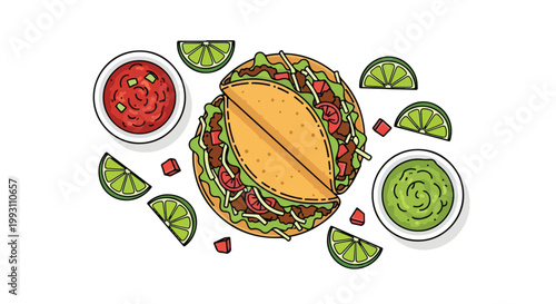 Top down view of delicious mexican tacos with salsa and lime wedges.