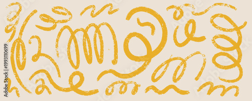 brush background stroke paint marker curl abstract line swirl yellow color texture on beige paper surface for minimal backdrop. mark detail with grunge effect and rough texture. modern graphic design