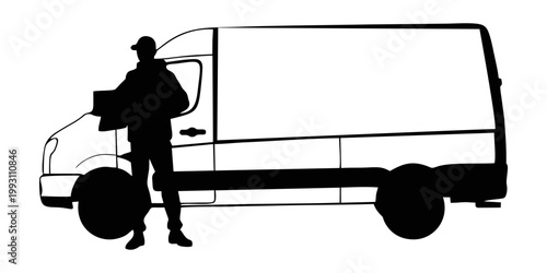 silhouette of a delivery man holding a package box standing in front of a delivery van