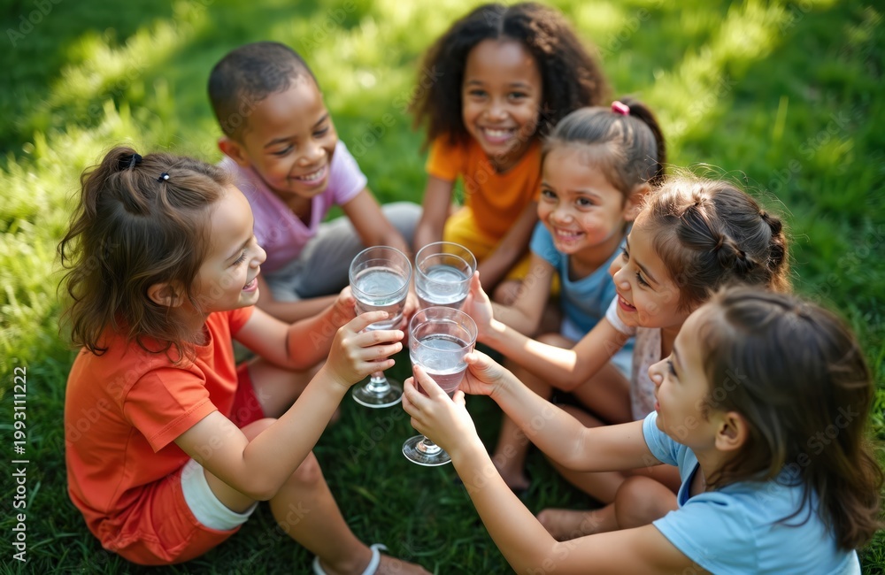Fototapeta premium Diverse children in park toast with glasses of water. Young friends celebrate summer day outdoors, happy smiles, share joy refreshment together. Healthy lifestyle bonding.