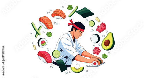 Professional sushi chef preparing fresh rolls with ingredients.