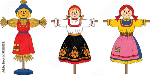 Colorful Scarecrow Icon Set Featuring Traditional Clothing and Friendly Faces for Autumn, Harvest, and Farm Designs