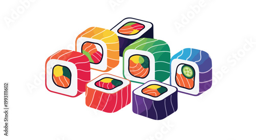 Colorful Isometric Sushi Rolls Set Illustration.